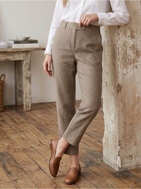 Laura Linen-Blend Taupe Cropped Straight-Leg Trousers Tortoise Shell Button 14